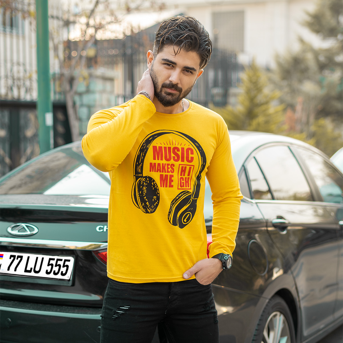 تیشرت آستین بلند مردانه طرح هدست زرد مدل O22