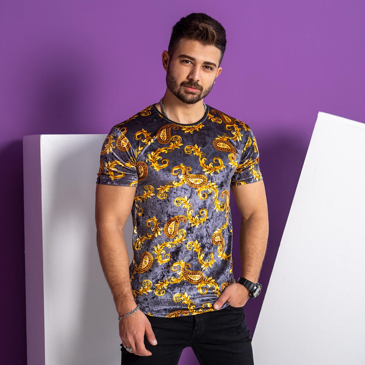 تیشرت مخمل طوسی مردانه مدل H59