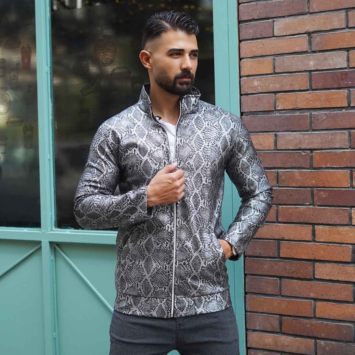 کاپشن چرم مردانه طوسی مدل Peyton