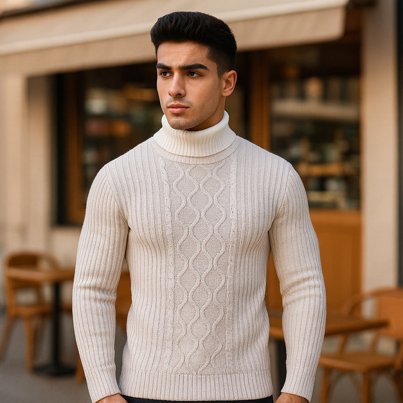 پلیوربافت مردانه سفید یقه اسکی مدل Hakan